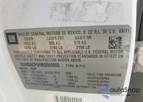 2011 Chevrolet Hhr Lt z USA, uszkodzony, nr VIN 3GNBACFU8BS660002